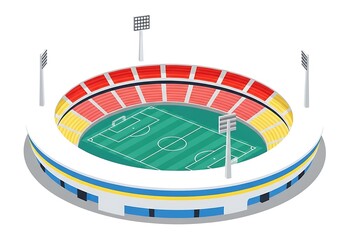 Aerial view of a colorful soccer stadium with green field and brightly lit stands