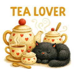 Cozy tea scene with heart-patterned teaware and sleeping black cat