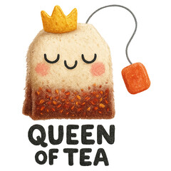 Cute plush tea bag character wearing crown, smiling