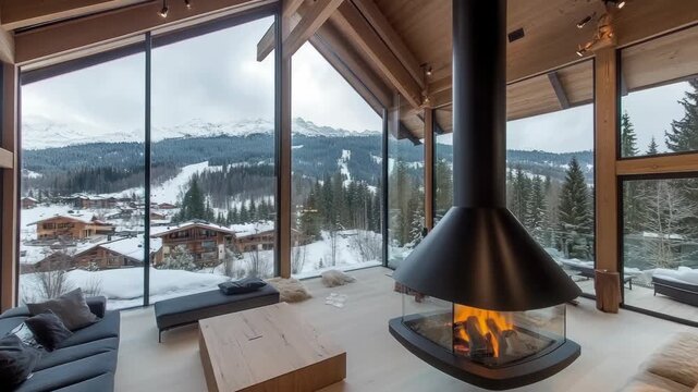 Enjoy a peaceful moment by the fireplace in a stylish lodge surrounded by snow-covered mountains and tall trees