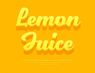 Vector Promo label Lemon Juice. Stylish Calligraphic Yellow Font. Trendy Cursive 3D Alphabet Letters and Numbers set.
