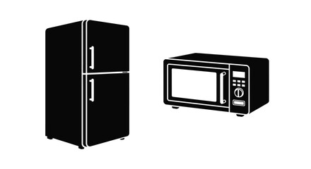 Simple black and white illustration of a refrigerator and microwave appliance