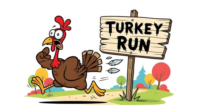 Cartoon turkey running from the thanksgiving dinner next to a sign that says turkey run isolated on white background