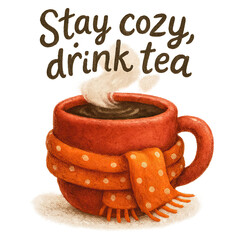 Cozy red mug with scarf, steaming tea, warm message