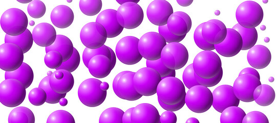 Purple spheres of varying sizes are scattered against a white background. The spheres have a glossy finish