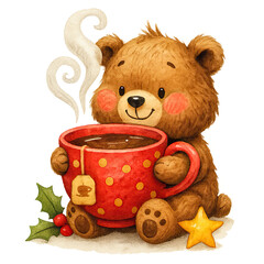 Cute watercolor bear holding steaming red mug with holiday treats