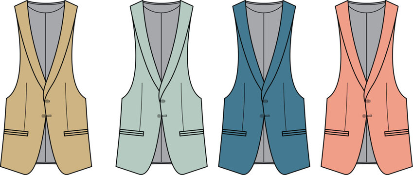 Set of four tailored vests in different muted colors, showcasing front button closure and simple detailing