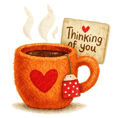 Warm orange mug with heart, tea steam, and "Thinking of you" note
