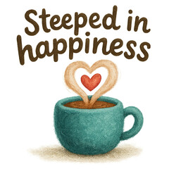 Teal mug features heart-shaped steam with red heart, beside phrase Steeped in happiness