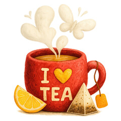 Red mug with I love tea, lemon wedge, sugar triangle, and curling steam hearts