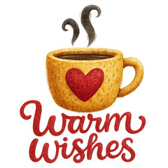 Yellow mug with red heart, steaming coffee, and "Warm Wishes" text