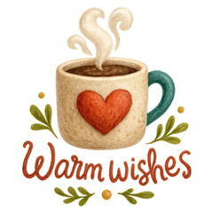 Cozy beige mug with red heart, steaming hot, surrounded by green leaves and text warm wishes