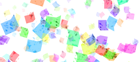 Colorful, semi-transparent squares of varying sizes and bright colors, including blue, green, pink, yellow, and red