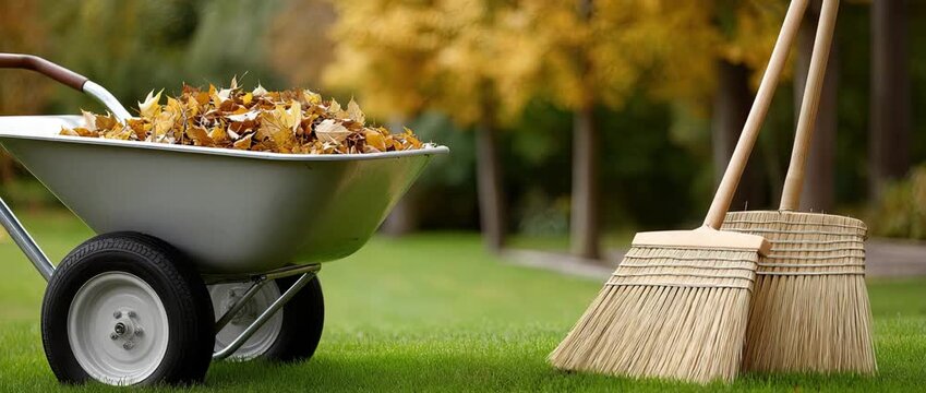 A person gathers fallen leaves using a wheelbarrow and rakes in a garden surrounded by beautiful autumn trees