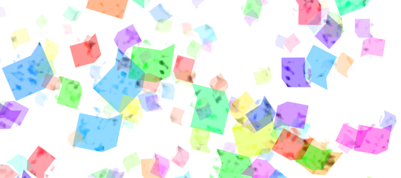 Colorful, semi-transparent squares of varying sizes and bright colors, including blue, green, pink, yellow, and red