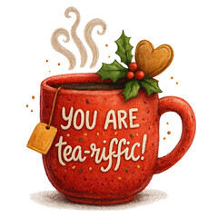 Red mug with "YOU ARE tea-riffic!" steamed with holly, heart, and festive warmth