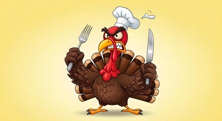 Angry cartoon turkey chef holding fork and knife isolated on white background