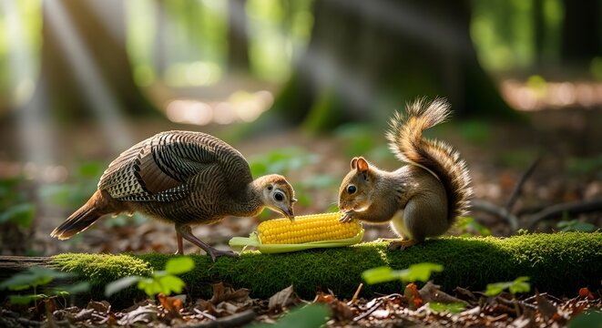 Squirrel and turkey eating corn on the cob in forest with sun rays shining through