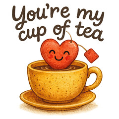 Cheerful of smiling heart teacup with tea bag and warm message