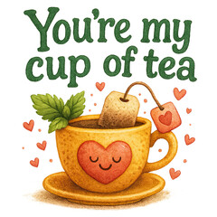 Whimsical teacup with heart centerpiece, teabag, saucer, and leaves