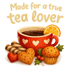 Cheerful tea scene features red cup with heart accents, heart cookies, muffin, orange slice, chocolate sticks, and holly, under warm, inviting text