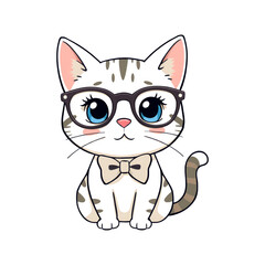 Obraz premium Cute cartoon black tabby cat wearing glasses and bow tie sitting patiently isolate black cat transparent background