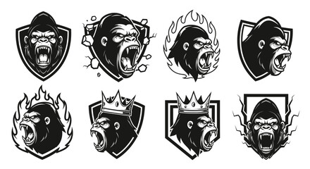 Eight gorilla head designs, presented as emblems or logos, with varying styles and borders.