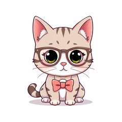 Cute cartoon tabby cat wearing glasses and a bow tie sitting isolate kitten animal pet feline spectacles