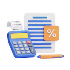 3d illustration of calculator, document, and pen isolated on transparent background