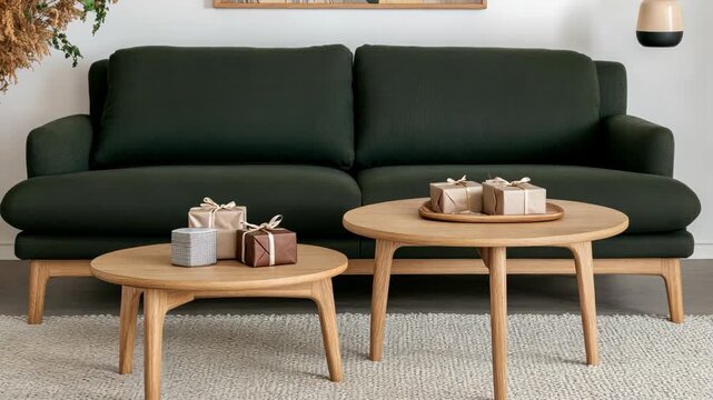 A modern living room features a green sofa and wooden coffee tables, elegantly arranged with gifts for a festive occasion