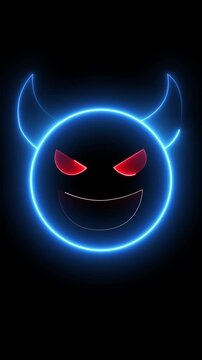 Mischievous red devil emoji icon with yellow horns, menacing eyes, and a wicked grin, Bright red devil face with horns, black mischievous eyes, 4K