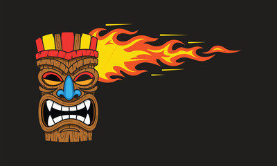 Cartoon tiki mask with flame burst, colorful tribal design, fantasy cultural artwork, dramatic expression, wooden texture, cad drawing flat vector illustration
