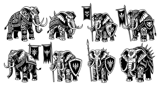 Black and white illustration of eight armored elephants with decorative patterns, shields, flags, and spears.