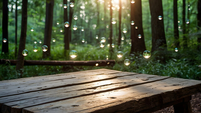 Rustic wooden table in sunlit forest with floating magical bubbles