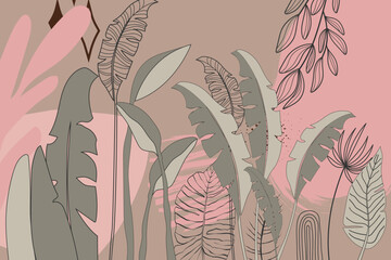 Fototapeta premium Hand drawing wall leaves with abstract elements design 