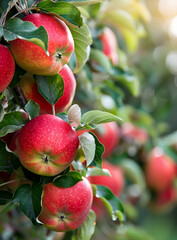 Dojrzałe czerwone jabłka na drzewie w sadzie – naturalne owoce gotowe do zbioru w słoneczny dzień