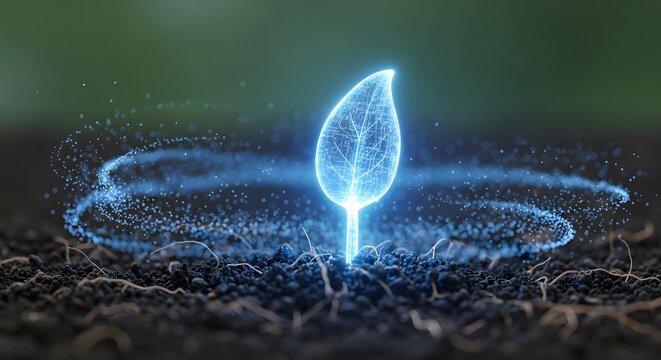 Glowing blue digital leaf emerging from dark soil with a particle halo. Future biotechnology and advanced plant science concepts. Source of virtual life creating a regenerative ecosystem