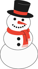 Minimalist Black and White Snowman Illustration with Red Scarf and Top Hat on White Background