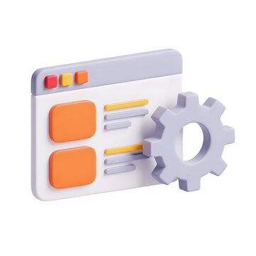 3d rendering of a web page with settings gear, isolated on transparent background