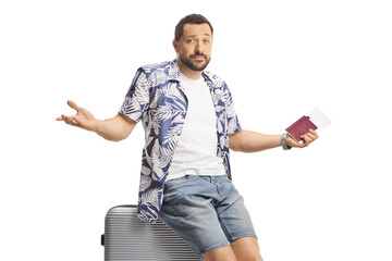 Male tourist holding a passport and sitting on a suitcase