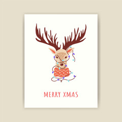 A deer in Christmas lights and a sweater. A drawing of a cute animal, decorated Christmas cards. Holiday garlands adorn the reindeer.