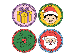 Fototapeta premium Four festive Christmas themed circular stickers featuring a gift, a child in a Santa hat, holly, and Santa Claus.