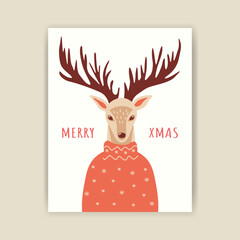 Hand-drawn Christmas portrait of a reindeer in a red knitted sweater. Festive print with a cute animal for New Year decor. Ready-made postcard in a minimalist style.