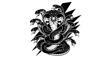 A stylized illustration of a multi-headed cobra, with striking black and white details.