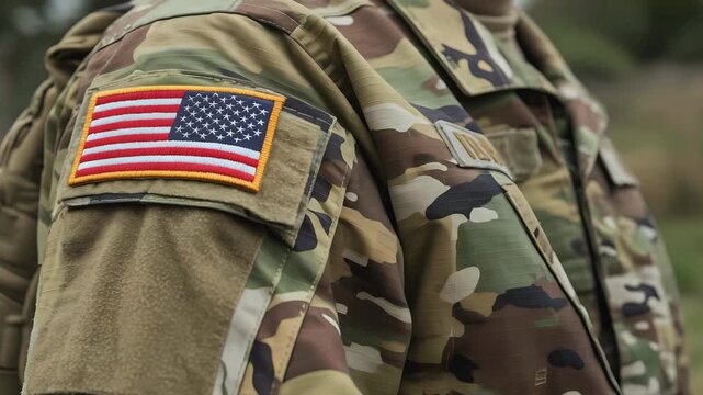 Close‑Up of U.S. Military Uniform Sleeve with American Flag Patch in Camouflage Pattern