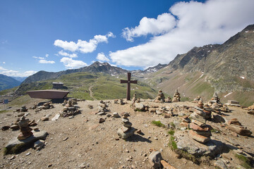 Cairns in the landscape of the Timmelsjoch Pass on the Austrian-Italian border.