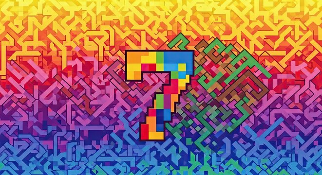Pixelated number 7 graphic with vibrant abstract background and tech circuit patterns