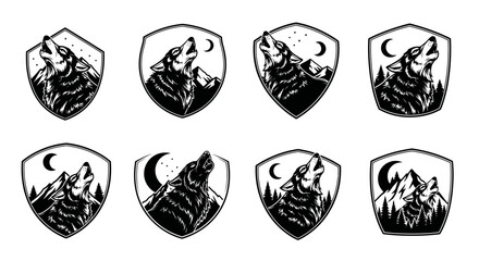 Collection of stylized black and white wolf emblems with mountains and moon.