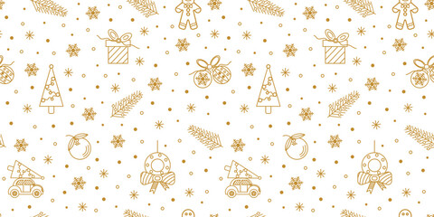 Christmas seamless pattern with New Year decor. Pattern of gold outline vector icons on a white background. Elegant colorful pattern for packaging, wrapping paper, children clothing, and cases