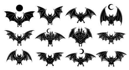 A collection of twelve bat illustrations in various poses, some with moon or city silhouette. © Tutorialxxx18